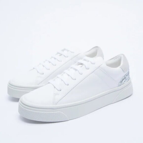 NWT Zara white glittery lace up sneakers US 10 - Picture 2 of 15
